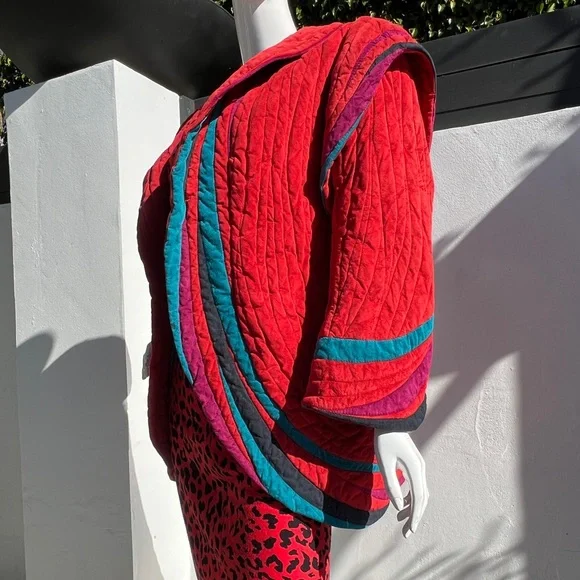 80s Bob Mackie Red Quilt Suede Jacket - Picture 9 of 14